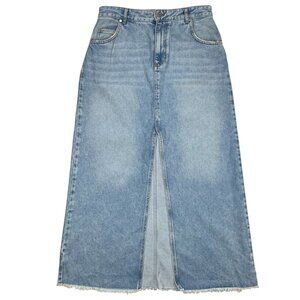 Anthropologie Pilcro The Madi Front-Slit Denim Skirt 12 Blue Frayed Maxi Western